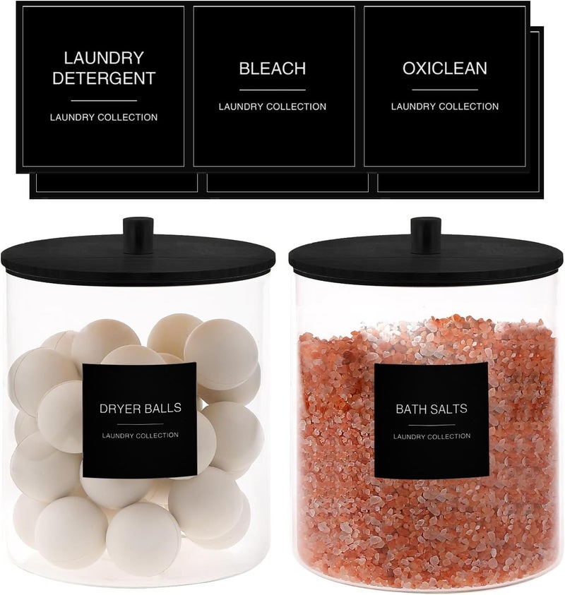TIPGO Glass Jars for Laundry Room Organization, Laundry Pods Container with 27 Labels, Detergent Holder with Bamboo Lid, Cute Storage Jars, Black (Set of 2) - Image 2